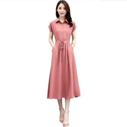Summer spring new high-end shirt dress womens fashion sexy short-sleeved medium-length waist shirt long dresses women