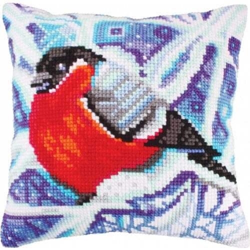 DIY Cross Stitch Cushion Winter Bird Needlepoint Kits Pre-Printed Canvas Chunky Yarn Cross-stitch Pillow Case Arts and Crafts