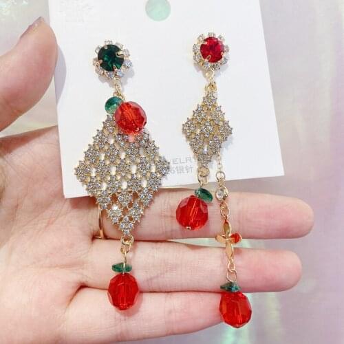 Luxury Korean Rhinestone Rhombus Drop Earrings For Women Girls Fashion Joker Cute Cherry Jewelry Pendientes Mujer