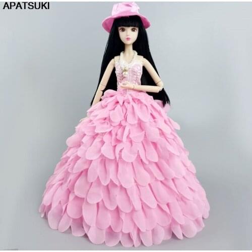 Pink Multi-layer Wedding Dress For Barbie Doll Outfits Clothes Princess Party Ball Long Gown Bridal Dress Hat Accessories 1/6