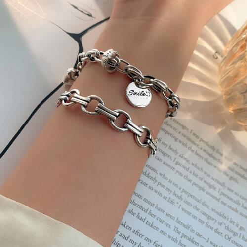 925 Sterling Silver Geometric Heart Bracelet Bangles for Women Men Smile Letter Open Bangles Jewelry Gifts S-B485