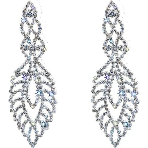 Chran Silver Plated Rhinestone Wedding Earrings for Women Leaf Design Bridal Bridesmaid Hanging Earrings Party Ladies Gift