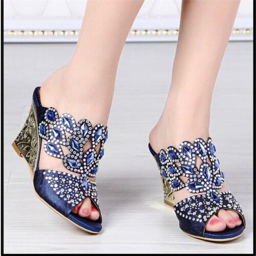 Summer rhinestone slippers female high-heeled diamond-studded slope with fish mouth sandals female summer