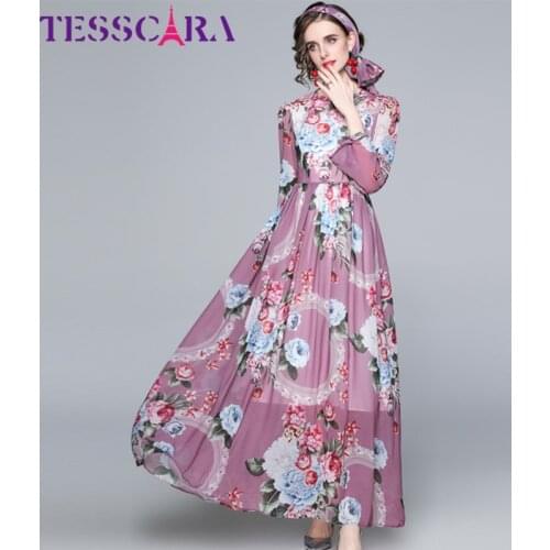 TESSCARA Women Spring Elegant Floral Chiffon Dress Festa High Quality Long Maxi Party Robe Femme Vintage Designer Vestidos