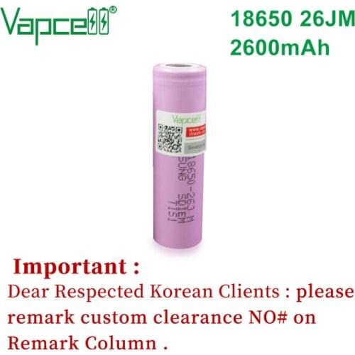 Vapcell 100% original 18650 battery 2600mAh 26JM flat / button top 3.7V rechargable batteries Mooch HJK test free shipping