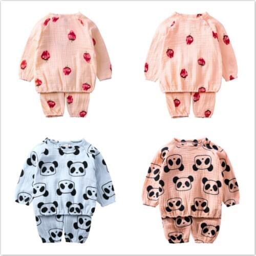 Spring Dressing-Gown Toddler Baby Boy Girl Clothing Set Strawberry Panda Long Sleeve Pajamas Sets Kids Winter Clothes Pants Suit