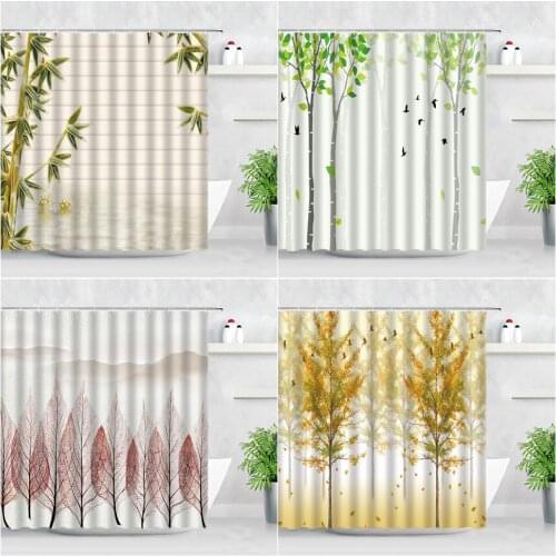 Waterproof Shower Curtain Set Bamboo Trees Birds Scenery Print Modern Simple Home Decor Bathtub Screen Fabric Bathroom Curtains