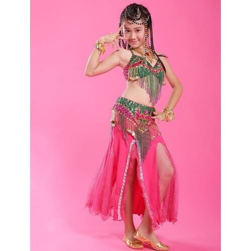 High Quality Sexy S/M/L 3 pcs Belly Dance Performance Costume Bra Belt and Skirt for Kids on Sale