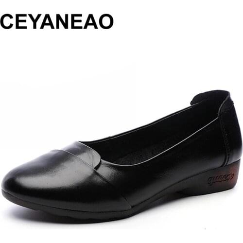 CEYANEAO Genuine Leather Women Ballet Flats Slip on Office&Career Platform Shoes Woman Shallow with Solid Footwear Ladies Oxford