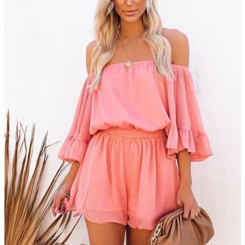 Womens Off Shoulder Flare Sleeves Ruffle Jumpsuit Vintage Loose Elegant Female Playsuit Summer 2021 Beach Party Lady Clothes