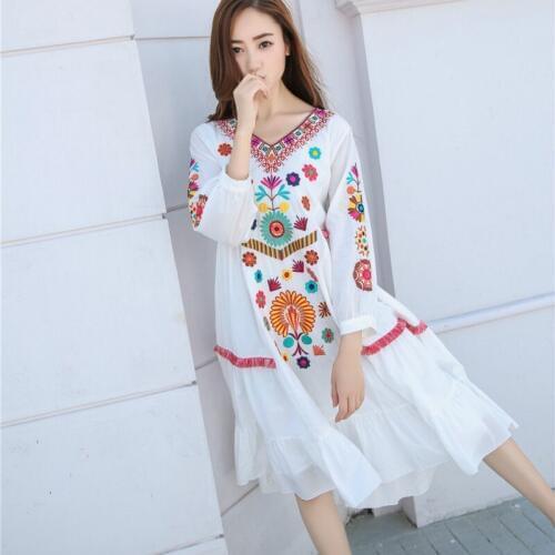 New Bohemian Dress Women Spring and Autumn Casual Embroidery Cotton linen Seven-Sleeve Loose Dresses Fashion Runway Fall Women