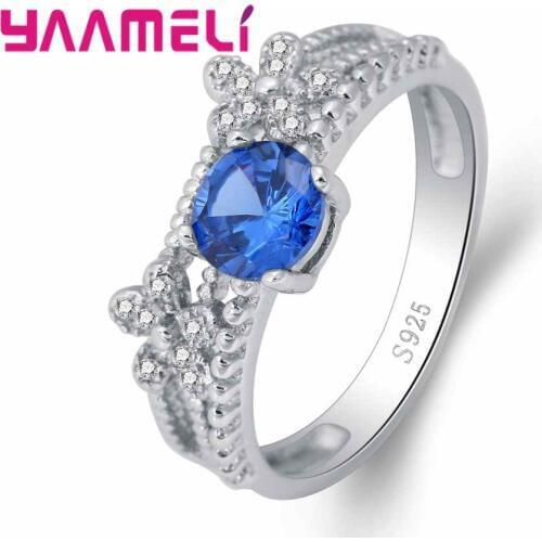 Mystic Romantic Style Dark Blue Stone Crystal Flower Shape 925 Sterling Silver Valentines Day Gift Ring For Women