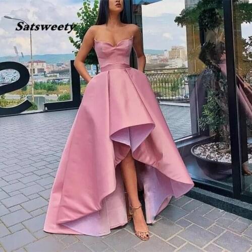 High-low strapless prom party evening dresses vestido de noiva sereia gown robe de soiree prom party simple satin lace-up