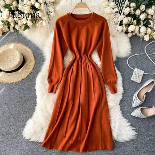 2020 autumn winter new womens O-neck long sleeve knitted fairy dress female chic waist sweater pleated dresses