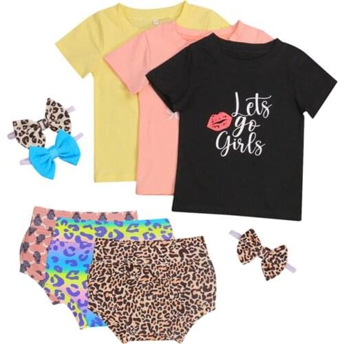2021 Girls Outfit Set Summer Sweet Short Sleeve Round Collar Letter Top + Leopard Print/Printing Shorts + Bow Headwear