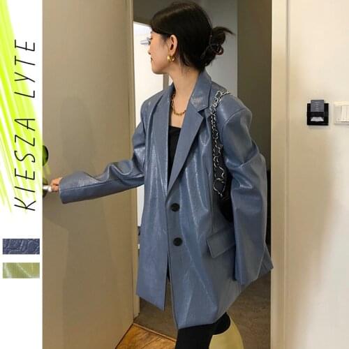 2021 Autumn Winter New Korean Blue Crocodile Casual PU Leather Jacket Loose Fashion Suit Jacket