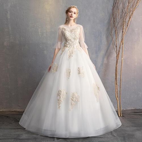 Ball Gowns O neck Half Sleeves White Ivory Applique Tulle Wedding Dresses 2021 with Pearls Bridal Dress Marriage Customer Sizes