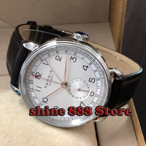 Parnis new top mens automatic mechanical watch 42mm silver case GMT arab mark date window leather mens watches