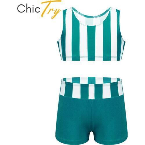ChicTry Kids Teens Sleeveless Striped Gym Sports Crop Tops with Shorts Set Children Girls Ballet Gymnastics Stage Dance Costume