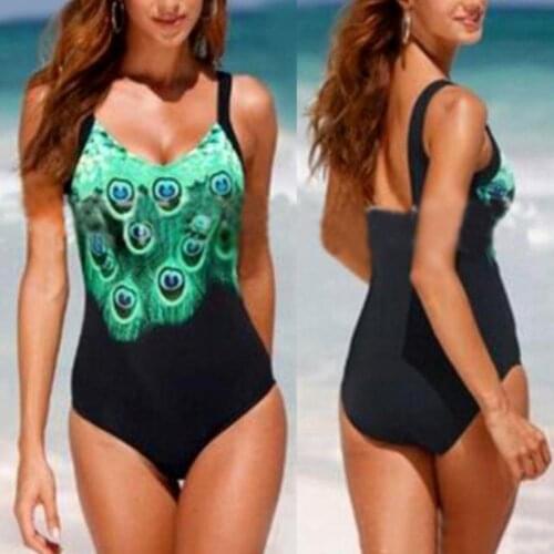 Women Peacock Print One Piece Swimsuit Strappy Slim Padded Monokini Bathing Suits Beach Wear Plus Size