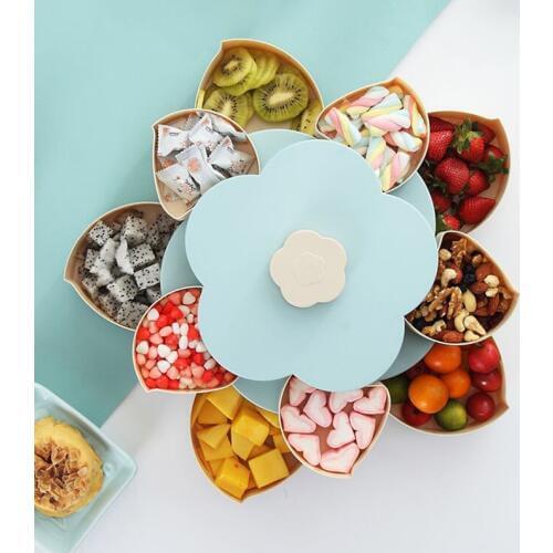 Double-deck Petal Rotating Fruit Container Food Melon Seeds Snacks Nut Candy Storage Boxes Plastic Fruit Plate Kitchen Organizer