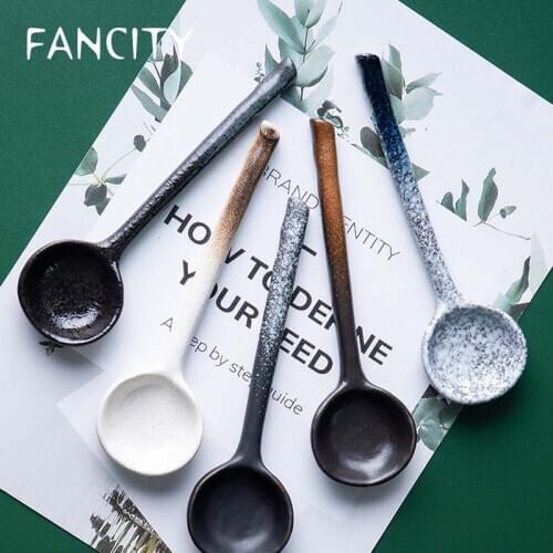 FANCITY Japanese style creative ceramic long-handled round spoon household restaurant small soup spoon spoon stirring spoon coff