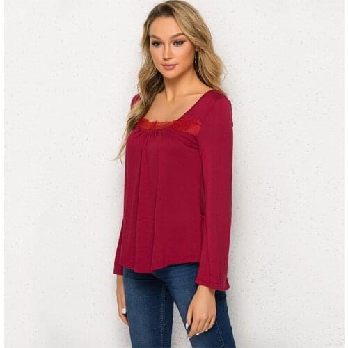 Lace T Shirt Fashion Patchwork Casual Square Collar Women Long Slim Top Elegant Wild Female T Shirt