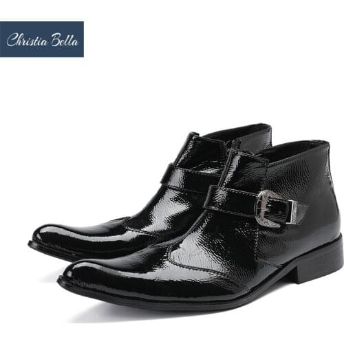 Christia Bella Autumn Winter Solid Buckle Men Shoes Genuine Leather Boots Fashion Pointed Toe Boots Plus Size Zipper Ankle Boots