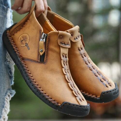 New Retro Casual Men Shoes Ankle Flat Leather Boots Winter Comfort Plus Velvet Warm Man Fashion Outdoor Snow Boots Male Sneakers