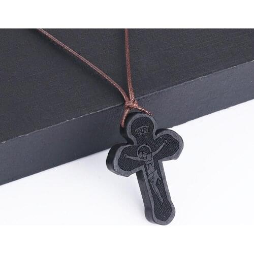 INRI Ebony Natural Wood Cross Jesus Pendant Necklaces Leather Rope Chains Necklaces Religious Prayer Jewelry For Women Men
