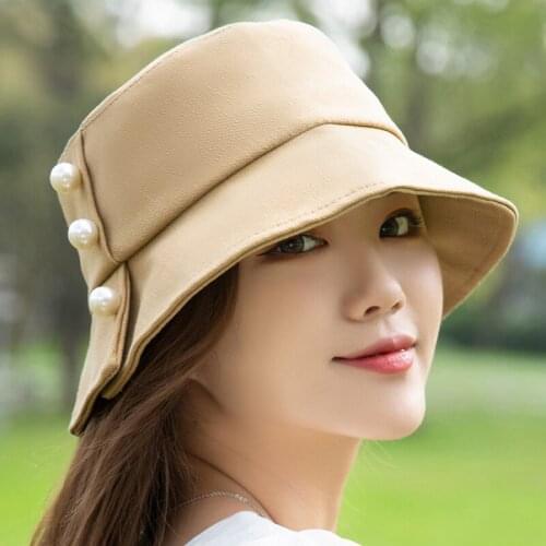 Fibonacci Summer Bucket Hats For Women Fashion Black Panama Cap Korean Female Flat Hat Outdoor Shopping Shade Pearl Sun Hat