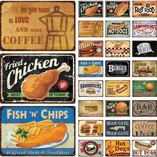 Retro Nostalgia Fast Food Coffee Metal Tin Sign Burger Hot Dog Fried Chicken Metal Plates Wall Stickers Cafe Restaurant Decor