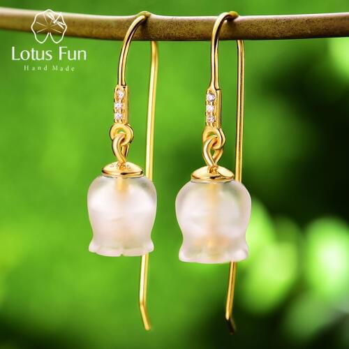 Lotus Fun Real 925 Sterling Silver Natural Crystal Earrings Fine Jewelry 18K Gold Fresh Bell Orchid Drop Earrings for Women Gift