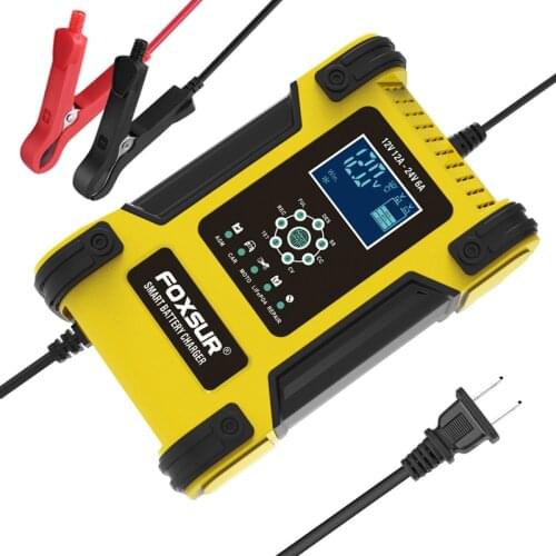 FOXSUR 12V 24V 12A Smart Battery Charger, Lead GEL STD AGM Car Motorcycle Battery Charger, Pulse charge Maintainer Desulfator
