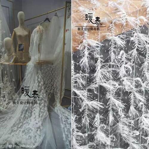 Embroidered Mesh Tulle Fabric White Stereo Catkins DIY Patchwork Decor Stage Skirt Gown Wedding Dress Lace Designer Fabric