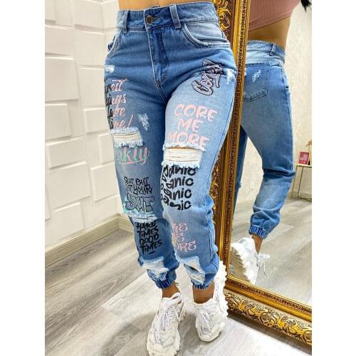 Letter Print Slant Pocket Ripped Jeans Women Casual Denim Pants