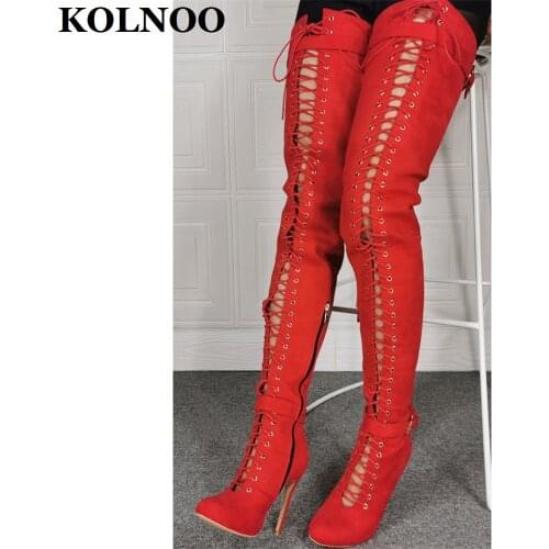 Kolnoo New Sexy Handmade Womens High Heel Boots Autumn Crisscross Strips Thigh-High Boots Evening Club Party Fashion Long Shoes