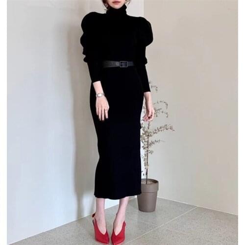 2020 Womens Winter Knitted Sheath Turtle Neck Dresses Long Sleeve Bodycon Solid Basic Sexy Dresses Vestidos