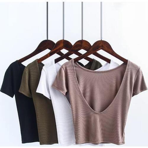 ANSFX Sexy Backless Slim Tight Crop O-Neck Pullover Halter Short T-Shirt Women Short Sleeve Stretch Thread Tee Tops 4 Color