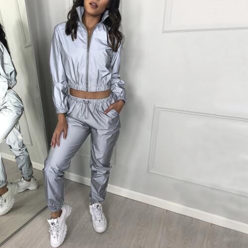 Women Casual Reflective two piece set Long Sleeve Crop Tops + Pants Classic stacked Sportswear suit clothes vendor wholesale