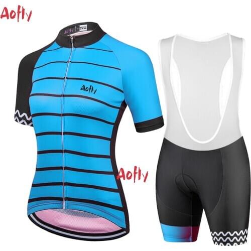 2021 Womens Blue Short Sleeve Jersey Bib Sets Aofly MTB Team Cycling Clothing Ropa Ciclismo Road Gel Pink Pad Triathlon Uniform