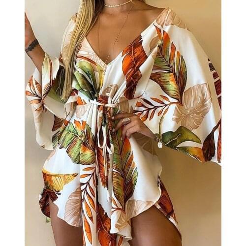 Summer Sexy V Neck Floral Tropical Print Asymmetrical Tie Front Mini Party Dress Loungewear High Waist One Piece Womens Dress