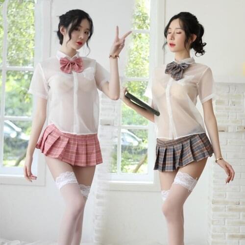 Women Pajamas Dress Sexy Cute Kawaii Lingerie Sleep Sheer Top and Mini Skirt Set See Through Hollow Erotic Babydolls Nightdress