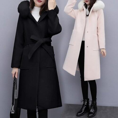 Office Lady Solid Long Woolen Winter Coats Covered Button Wool Coat and Jacket Hooded Slim Ladies Coats