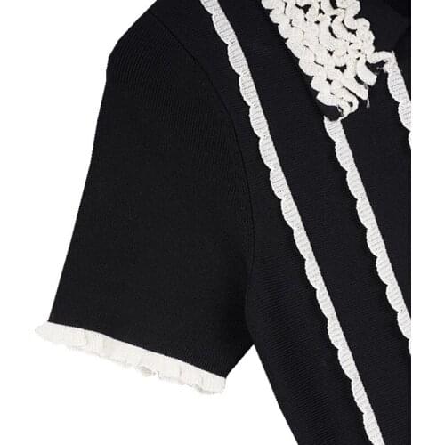 Women Dresses Summer Knitted Short Sleeve A-Line Turndown Collar Striped Mini Chic Elegant High Street Stunning Fashion Top S