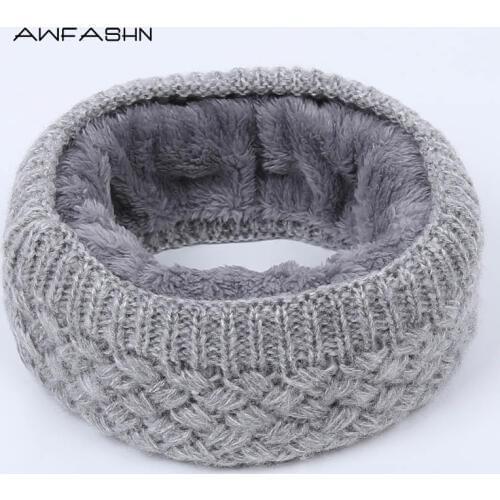 Winter Ring Scarf Warm Knitted Scarves Women/Men Solid Color Lining Plush Neck Warmer Neckchief Crochet Soft Cotton Outdoor Ski