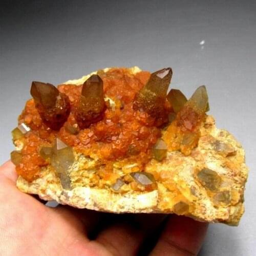 225g Spessartine Garnet+Smoky Quartz Cluster on Matrix - crystals and stones healing Mineral specimen Home Decor feng shui