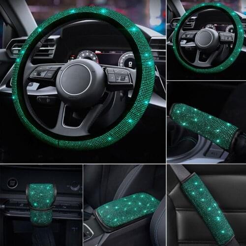 Bling Car Steering Wheel Cover Car Emerald Handbrake Shoulder Cover Armrest Pad Gearshift Cover For Auto Interior Accessories