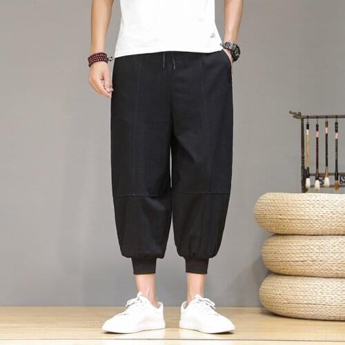 Summer Mens Harem Pants Cotton Elastic Waist Drawstring Slacks Trousers Plain H23