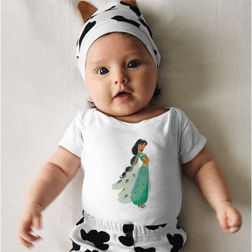 Disney Princess Series Printing Children Baby Onesie Summer New Product Toddler Romper Kawaii White Black Loose Streetwear 0-24M